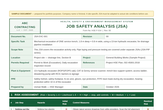 prepare professional hse plans, rams and jsa safety documents